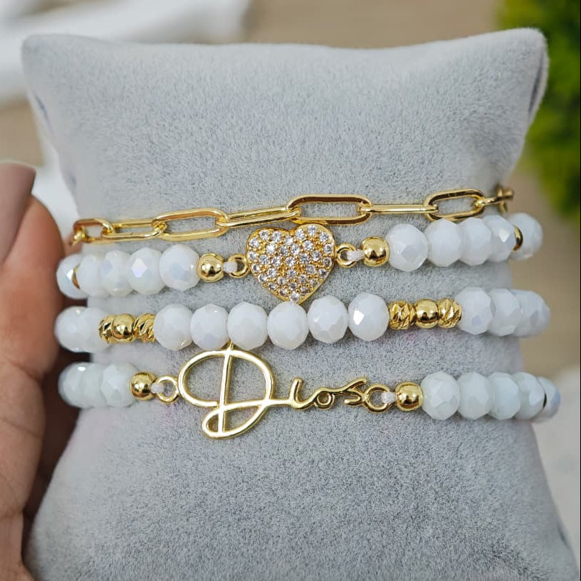Corazón con brillo y Dios - Set de pulseras - Blanco