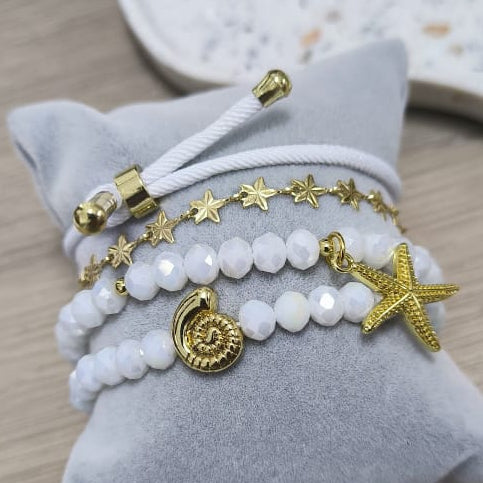 Caracola y estrella de mar - Set de pulseras - Blanco