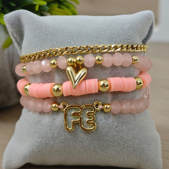 Fe delineado y corazón - Set de pulseras - Coral
