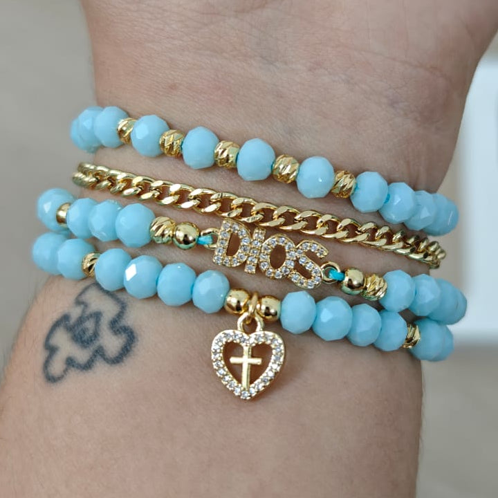 Dios y cruz con brillo - Set de pulseras - Celeste