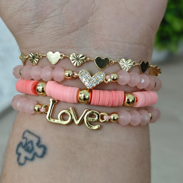 Corazón con brillo y love - Set de pulseras - Coral