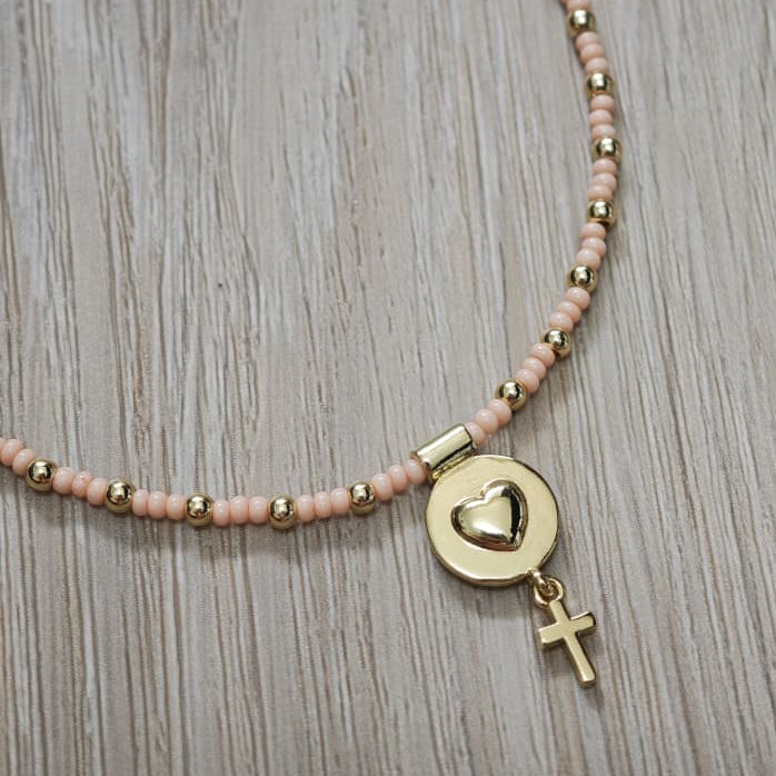 Corazón y cruz - Collar - Coral