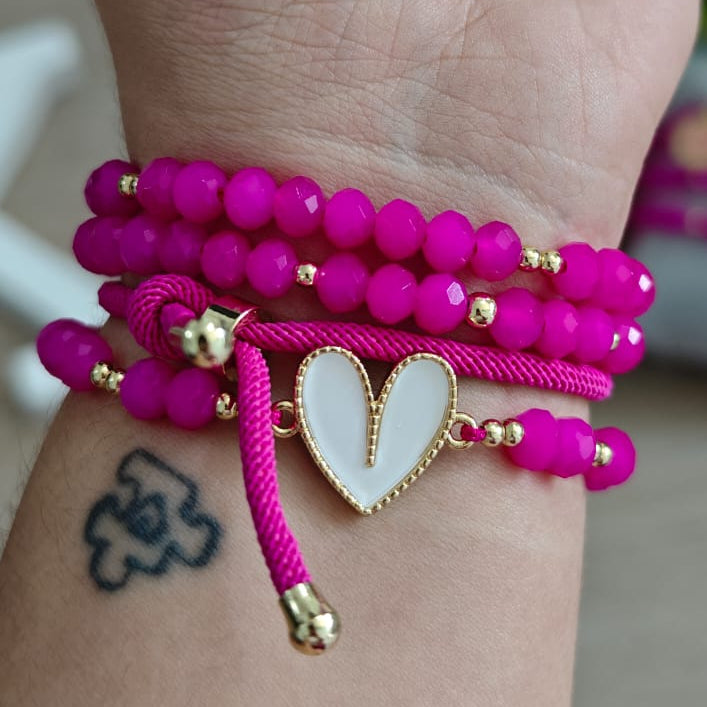 Corazón esmaltado blanco - Set de pulseras - Fucsia