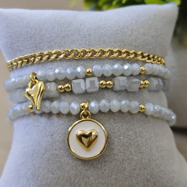 Corazón esmaltado y en gota - Set de pulseras - Gris