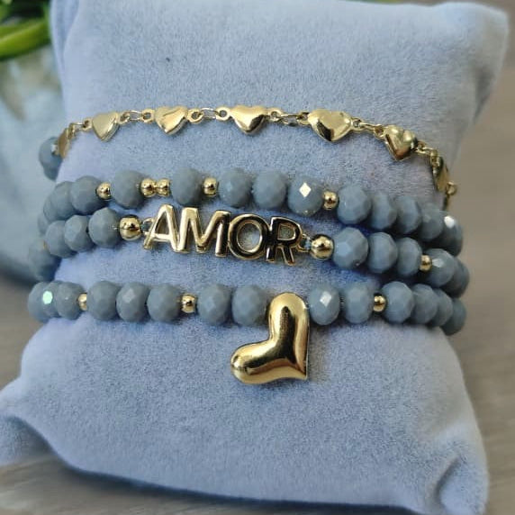 Amor y corazón - Set de pulseras - Gris