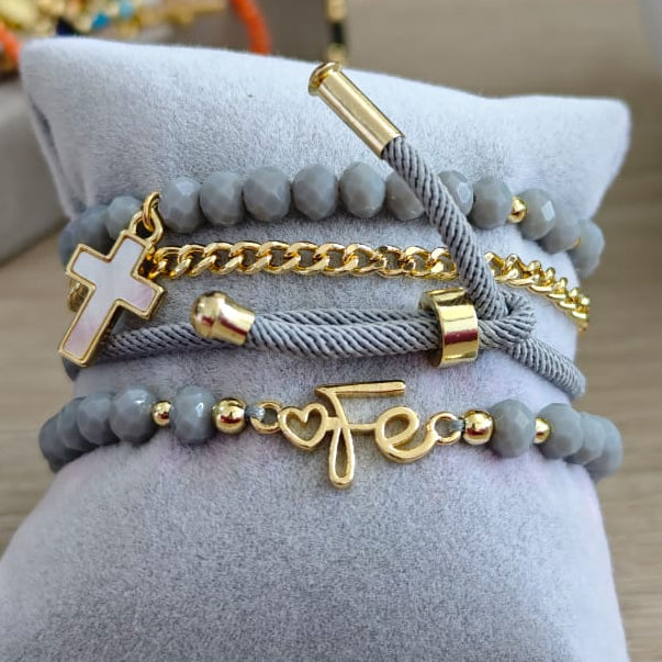 Fe y cruz de nácar - Set de pulseras - Gris