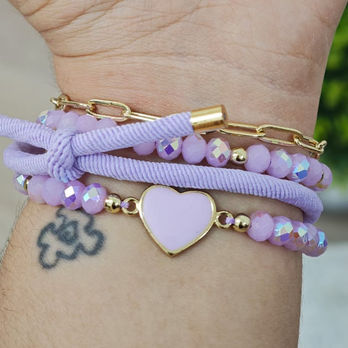 Corazón esmaltado y elástico - Set de pulseras - Lila