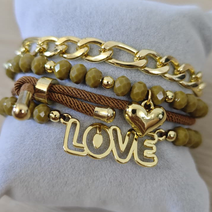 Love delineado y corazón puff - Set de pulseras - Marrón