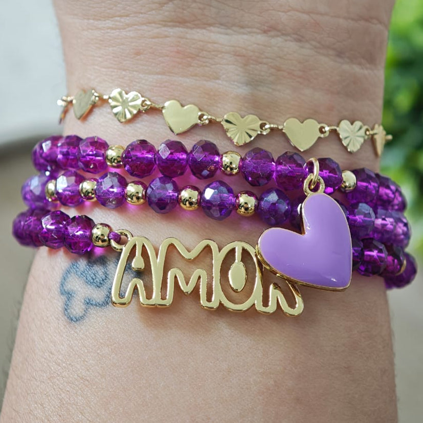 Amor delineado con corazón - Set de pulseras - Morado