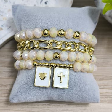 Corazón y cruz en lámina - Set de pulseras - Beige