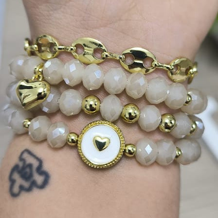 Corazón puff - Set de pulseras - Beige