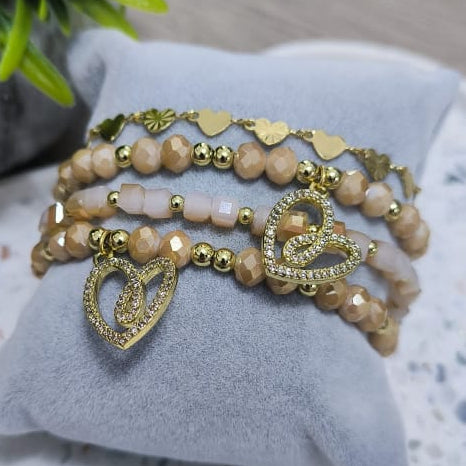 Corazones pop con brillo - Set de pulseras - Beige