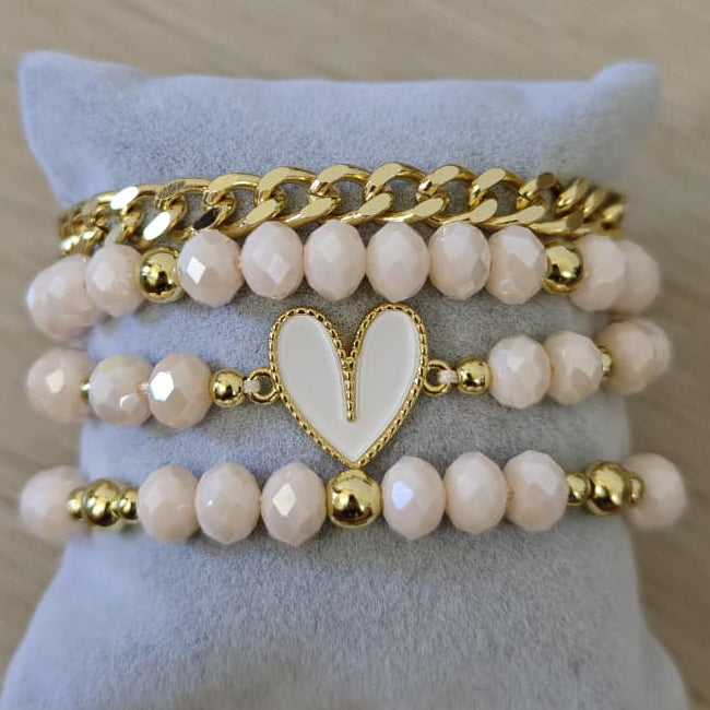Corazón en V esmaltado - Set de pulseras - Beige