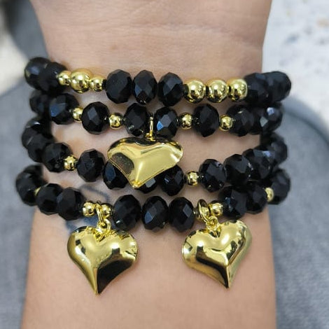 Trio de corazones puff - Set de pulseras - Negro