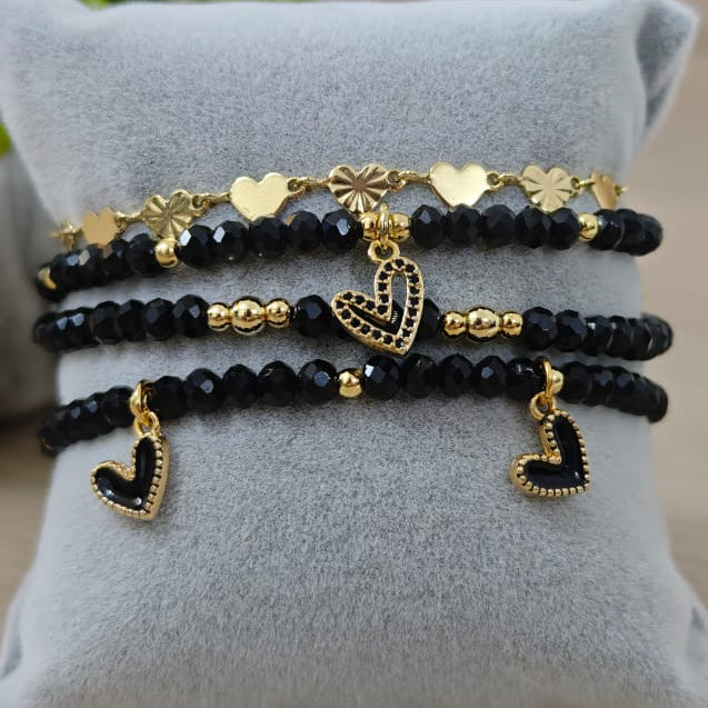 Trío de minicorazones - Set de pulseras - Negro