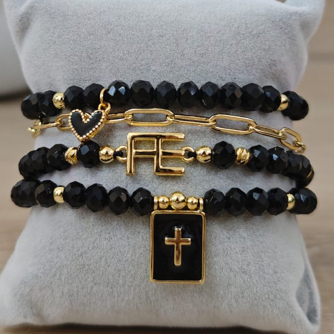 Fe y cruz esmaltada - Set de pulseras - Negro