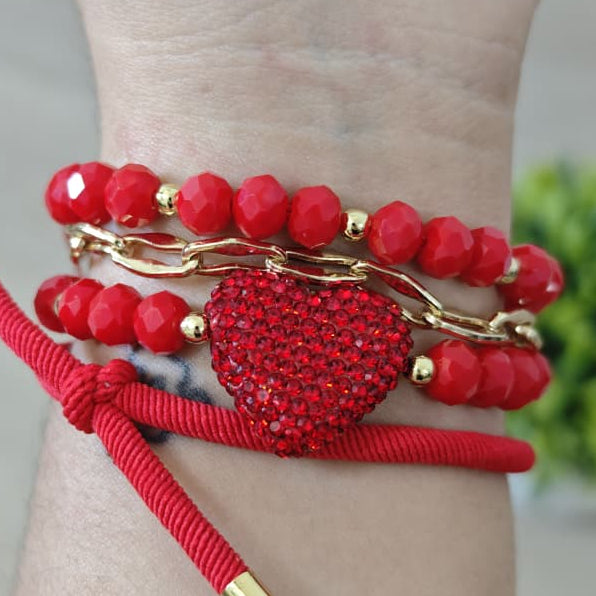 Corazón grande con brillos - Set de pulseras - Rojo