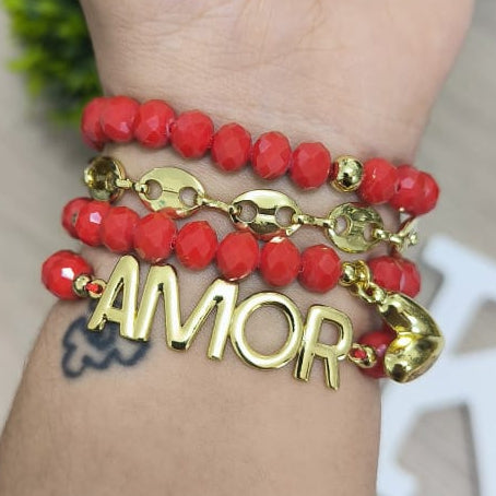 Amor grande y corazón globo - Set de pulseras - Rojo