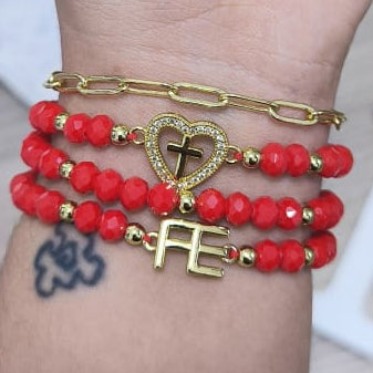 Cruz en corazón con brillo - Set de pulseras - Rojo