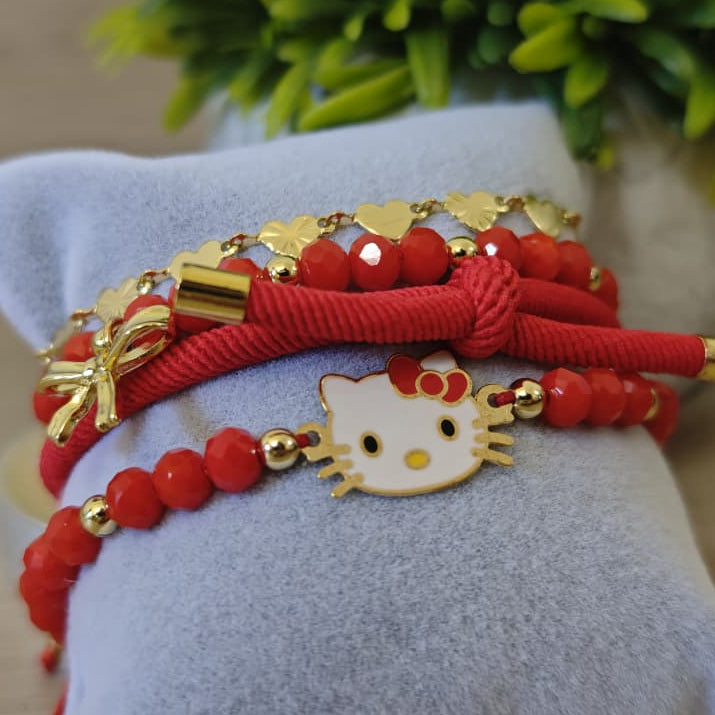 Gatita con lazo - Set de pulseras - Rojo