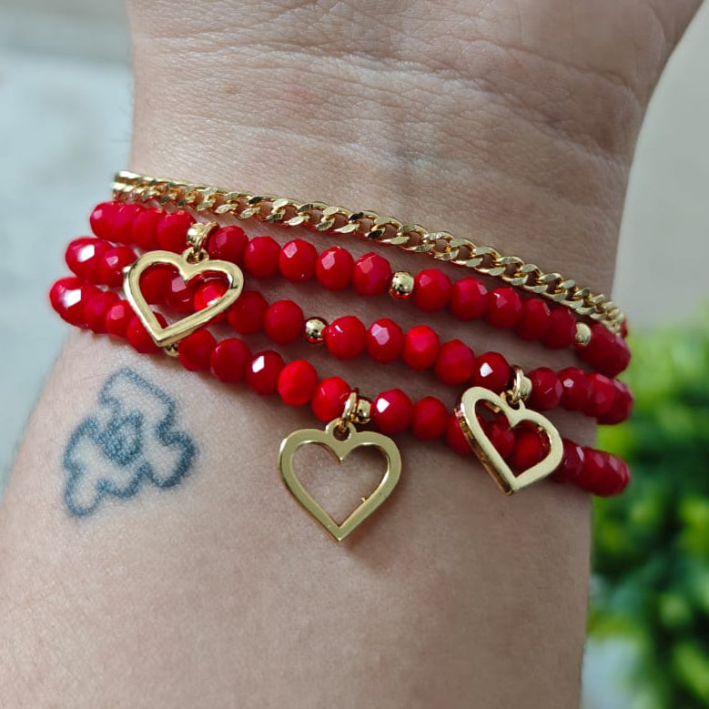 Trío de corazones delineados - Set de pulseras - Rojo