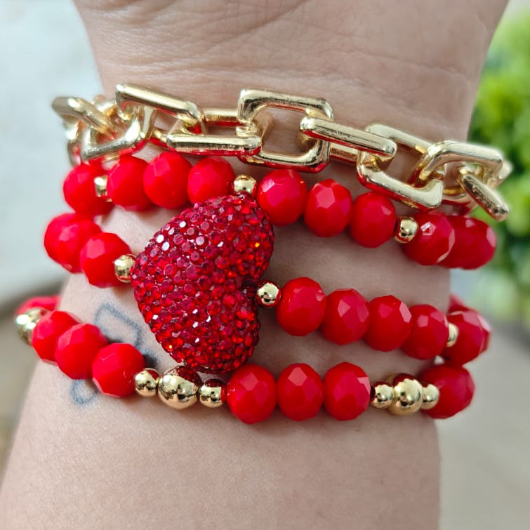 Corazón puff con brillo - Set de pulseras - Rojo
