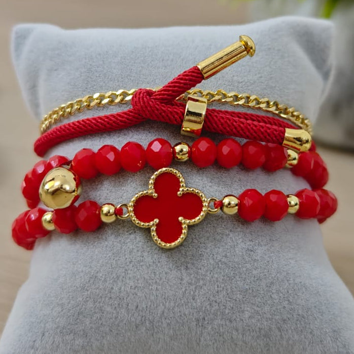 Trébol de cuatro hojas con gota - Set de pulseras - Rojo