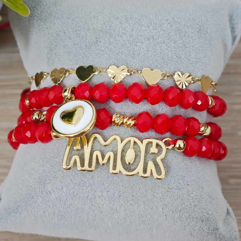 Amor delineado con corazón esmaltado - Set de pulseras - Rojo