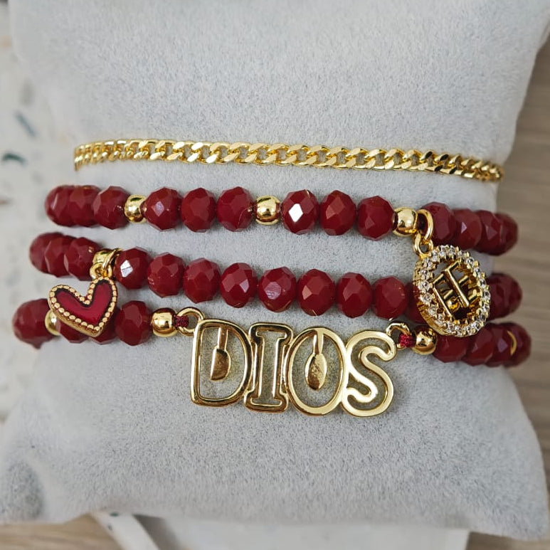 Dios delineado y fe con brillo - Set de pulseras - Vinotinto