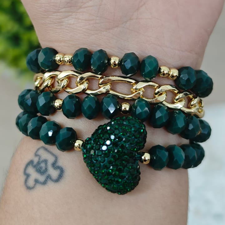 Corazón puff de brillo - Set de pulseras - Verde