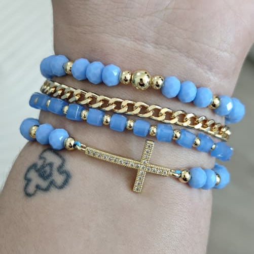 Cruz grande - Set de pulseras - Celeste
