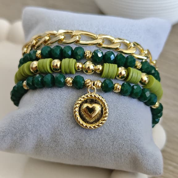 Medalla de corazón - Set de pulseras - Verde