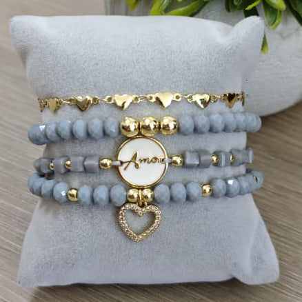 Corazón y amor - Set de pulseras - Gris