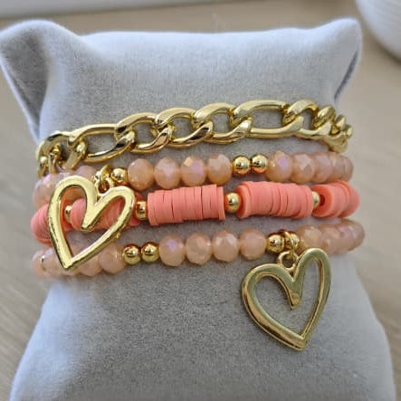 Corazones irragulares - Set de pulseras - Coral