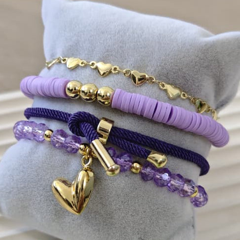 Corazón puf - Set de pulseras - Lila
