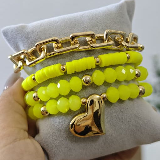 Corazón en neón - Set de pulseras - Amarillo Neón